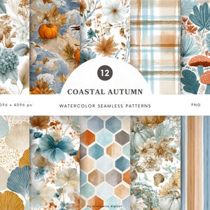 Watercolor Coastal Autumn Seamless Patterns, Cozy Autumn Pattern, Blue Pumpkin Patterns, Repeating Pattern, Scrapbook Digital Paper - P17