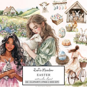 Clipart de Pâques aquarelle, graphiques de Pâques rustiques, clipart printemps confortable, oeufs de Pâques, clipart Cottagecore, Joyeuses Pâques Png, autocollants numériques