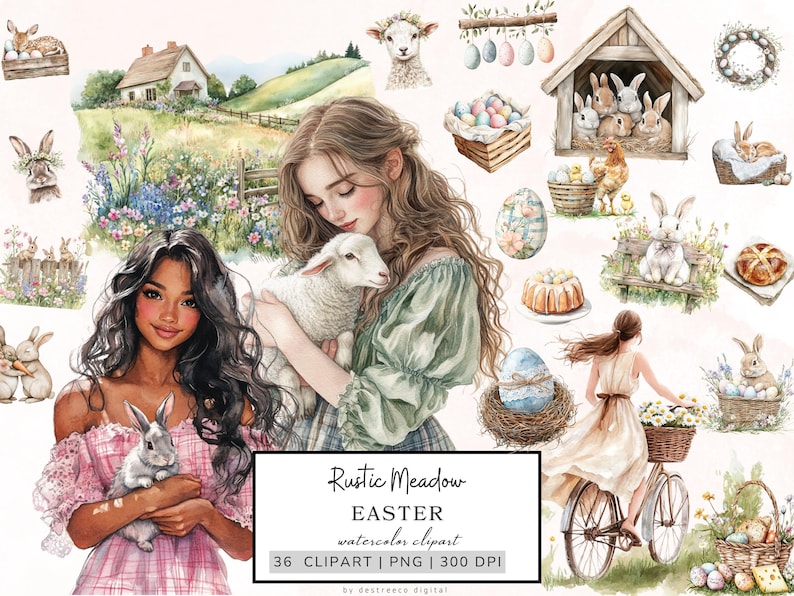 May include: A set of 36 watercolor Easter clipart images featuring a variety of spring and Easter themes, including bunnies, lambs, chicks, eggs, flowers, and a farmhouse. The clipart is perfect for creating invitations, cards, scrapbook pages, and other crafts.