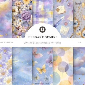 May include: A set of 12 watercolour seamless patterns. The designs include floral, butterfly, and celestial motifs in shades of purple, blue, and yellow. The text "ELEGANT GEMINI" is displayed in the centre of the image.