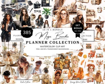 Planner Girl Clipart Mega Bundle, Planning Clipart, Journal Aesthetic Png, Planner Elements, Cozy Girl Boss Planner Png, Bookworm Clipart