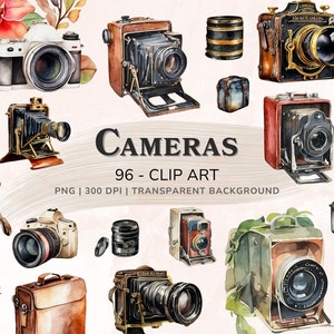 Camera Clipart, Watercolor Camera Bundle Clipart, Vintage Camera PNG Transparent Background, Digital Download