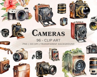 May include: A collection of watercolour illustrations of vintage cameras, including a large format camera, a rangefinder camera, a 35mm camera, and a Polaroid camera. The illustrations are on a white background with the text "CAMERAS 96 - CLIP ART PNG | 300 DPI | TRANSPARENT BACKGROUND".