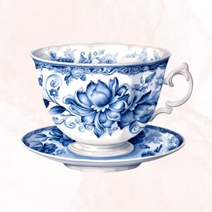 May include: A blue and white porcelain teacup and saucer with a floral design. The cup has a delicate handle and the saucer has a scalloped edge.