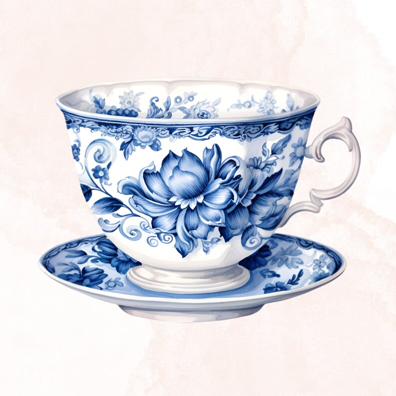 May include: A blue and white porcelain teacup and saucer with a floral design. The cup has a delicate handle and the saucer has a scalloped edge.