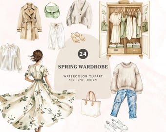 Watercolor Spring Wardrobe Clipart, Outfit Clipart, Spring Clipart, Fashion Clipart, Neutral Png, Planner Graphics, Digital Download - 462