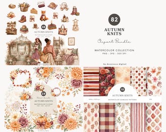 Colección de imágenes prediseñadas de otoño en acuarela, PNG de tejido acogedor, gráficos florales de otoño, imágenes prediseñadas estilo cottagecore, descarga digital.