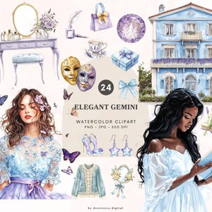 May include: Watercolor clipart set featuring a variety of elegant elements. Includes a vanity with a mirror, a blue building, a woman reading, butterflies, and other accessories. The text "Elegant Gemini" is also present.