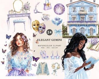 Clipart de Géminis elegante en acuarela, clipart del zodiaco, conjunto de clipart de astrología, gráficos del zodiaco femenino, gráficos PNG de Géminis, descarga digital