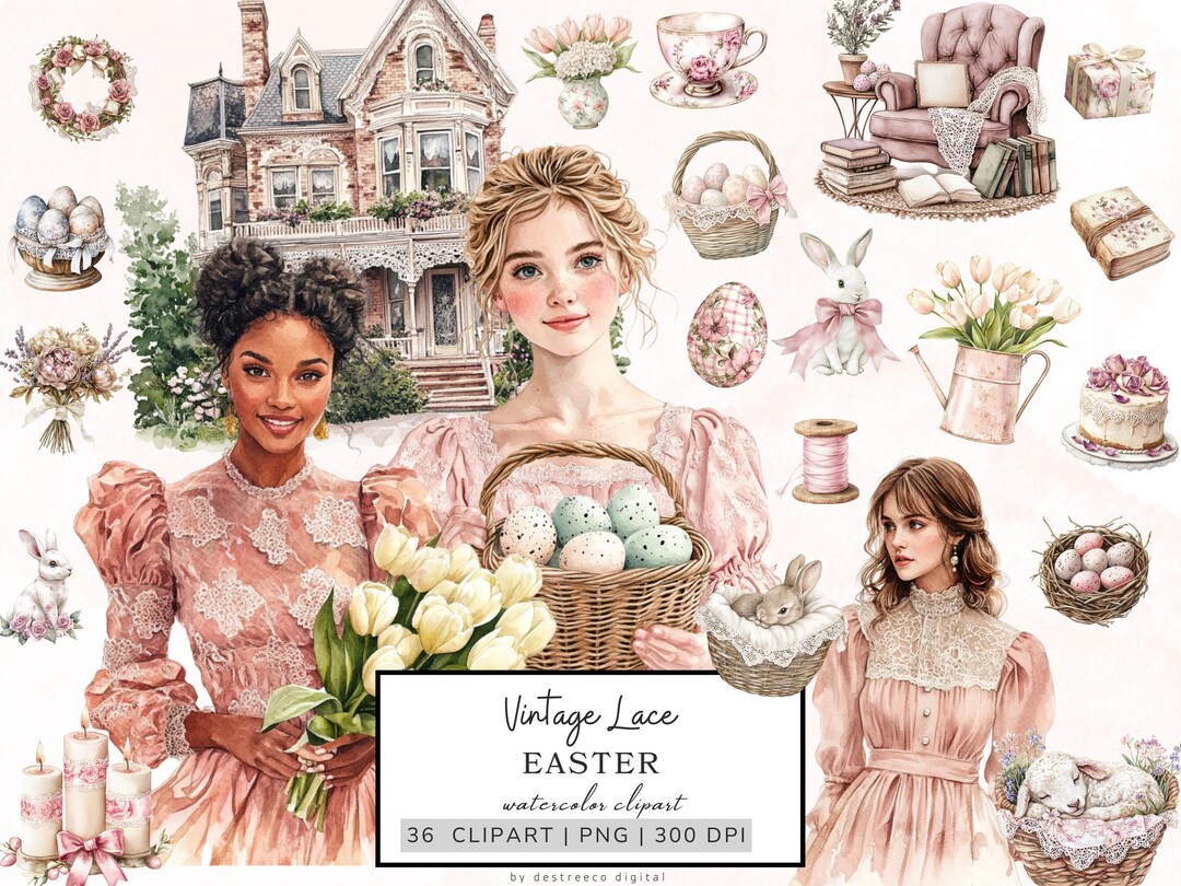 Watercolor Easter Clipart, Vintage Lace Easter Graphics, Cozy Spring ...