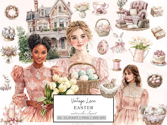 Watercolor Easter Clipart, Vintage Lace Easter Graphics, Cozy Spring Clipart, Easter Eggs, Cottagecore Clipart, Happy Easter Png Download