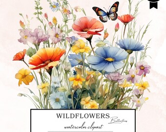 Watercolor Wildflower Clipart, Wild Flowers Flowerbed Clipart, Spring Clipart, Botanical Clipart, Printable Watercolor Clipart, Mixed Media