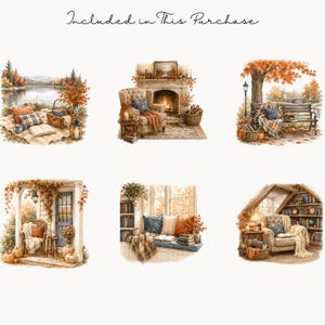 K&ouml;nnte beinhalten: Aquarellillustrationen von gem&uuml;tlichen Herbstszenen. Die Bilder zeigen ein Picknick am See, einen Kamin mit einem bequemen Stuhl, eine Parkbank unter einem Baum, eine Veranda mit K&uuml;rbissen, eine Fensterbank mit B&uuml;chern und eine Leseecke.