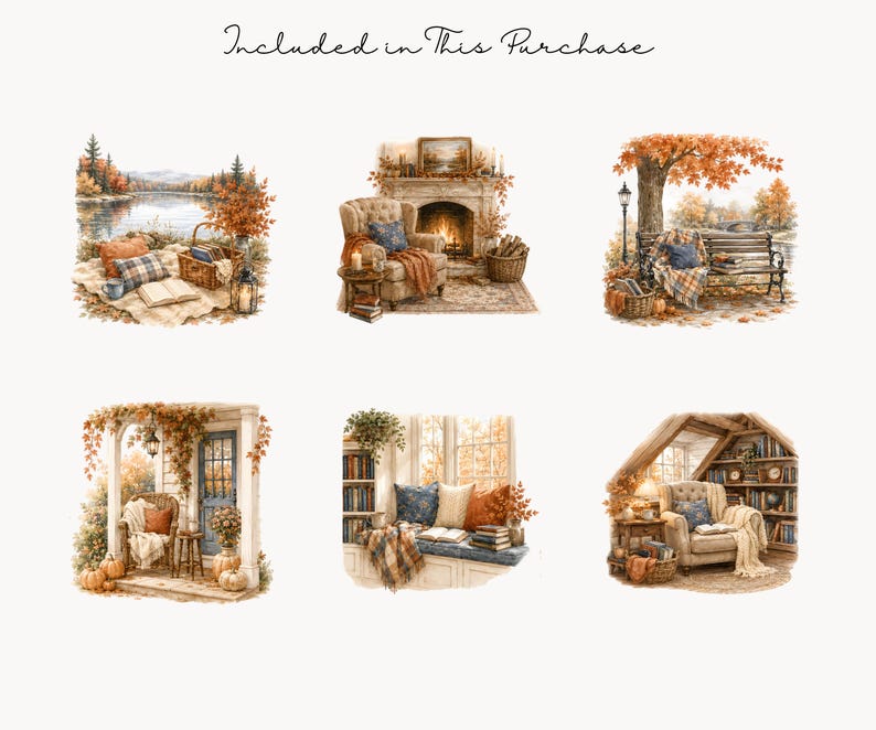 K&ouml;nnte beinhalten: Aquarellillustrationen von gem&uuml;tlichen Herbstszenen. Die Bilder zeigen ein Picknick am See, einen Kamin mit einem bequemen Stuhl, eine Parkbank unter einem Baum, eine Veranda mit K&uuml;rbissen, eine Fensterbank mit B&uuml;chern und eine Leseecke.