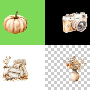 May include: A watercolour illustration of a cosy living room scene with a beige armchair, a book, a vase of dried flowers, and a pumpkin. The scene is set against a green background.