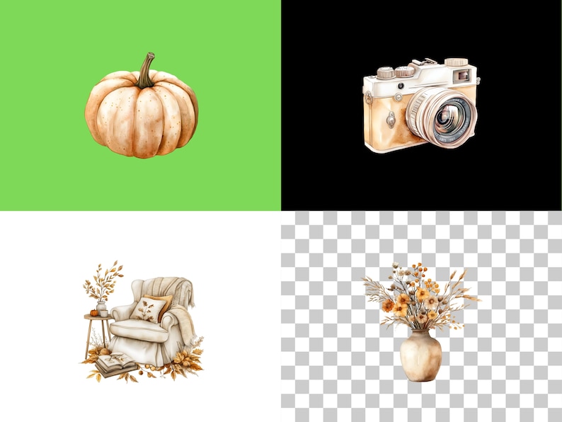 May include: A watercolour illustration of a cosy living room scene with a beige armchair, a book, a vase of dried flowers, and a pumpkin. The scene is set against a green background.