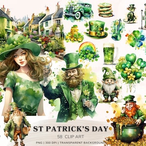 Op de afbeelding: Een verzameling aquarel illustraties voor St. Patrick's Day. De illustraties omvatten een kabouter, een pot met goud, een klavertjevier, een vrouw in een groene jurk, een man in een groen pak, een groene hoed, een regenboog, een pint bier en een dorpsgezicht.