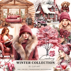 Clipart invernale di mirtillo rosso acquerello, Clipart Cottagecore, Png invernale accogliente, Clipart bella ragazza, Clipart di bacche, Download estetico accogliente