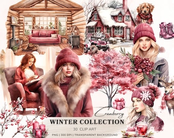 Watercolor Cranberry Winter Clipart, Cottagecore Clipart, Cozy Winter Png, Pretty Girl Clipart, Berry Clipart, Cozy Aesthetic Download