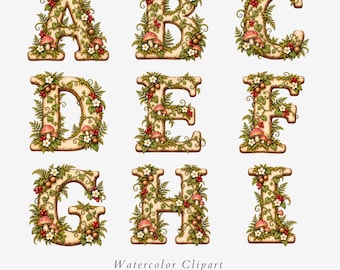 Whimsical Woodland Alphabet Clipart, Forest Monogram Letters, 26 Letter PNG Set - 669