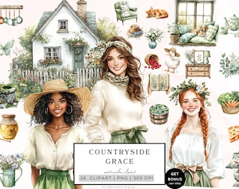 Watercolor Countryside Grace Clipart, Cottagecore Clipart, Rustic Clipart, Cozy Cottage Graphics, Vintage Aesthetic Pngs, Digital Download