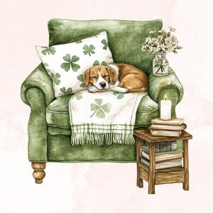 May include: A green armchair with a white cushion featuring shamrock designs. A beagle dog is sleeping on the chair, covered by a white blanket with shamrock designs. A vase with white flowers and a lit candle are on a wooden side table with books.