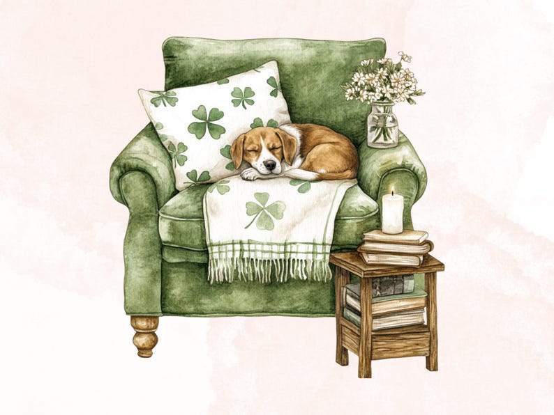May include: A green armchair with a white cushion featuring shamrock designs. A beagle dog is sleeping on the chair, covered by a white blanket with shamrock designs. A vase with white flowers and a lit candle are on a wooden side table with books.