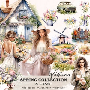 May include: A watercolor illustration set featuring 27 spring-themed clip art images. The set includes a cottage, flowers, a windmill, a woman in a dress, a woman in a coat, a couple sitting on a blanket, a car, a basket, a watering can, an umbrella, and boots. The set is perfect for creating spring-themed crafts, cards, and invitations.