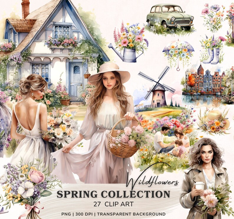 May include: A watercolor illustration set featuring 27 spring-themed clip art images. The set includes a cottage, flowers, a windmill, a woman in a dress, a woman in a coat, a couple sitting on a blanket, a car, a basket, a watering can, an umbrella, and boots. The set is perfect for creating spring-themed crafts, cards, and invitations.