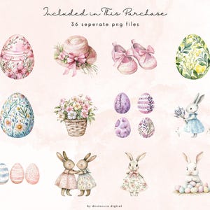 May include: A set of 36 watercolor illustrations featuring Easter-themed elements, including bunnies, eggs, flowers, and a hat. The illustrations are in a soft, pastel color palette.