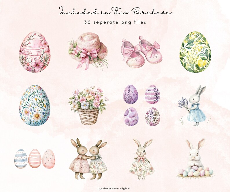 May include: A set of 36 watercolor illustrations featuring Easter-themed elements, including bunnies, eggs, flowers, and a hat. The illustrations are in a soft, pastel color palette.