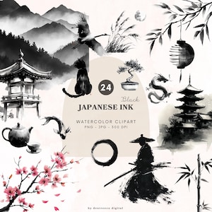 May include: A collection of 24 black Japanese ink watercolor clipart images. The illustrations include a pagoda, crane, cat, bonsai tree, dragon, samurai, and cherry blossoms. The text reads "Japanese Ink".
