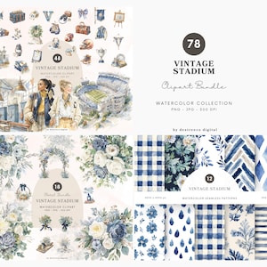 May include: A digital watercolor clipart bundle with a vintage stadium theme. The image includes illustrations of a stadium, floral arrangements, and seamless patterns in shades of blue and white. Text on the image reads "Vintage Stadium Clipart Bundle".