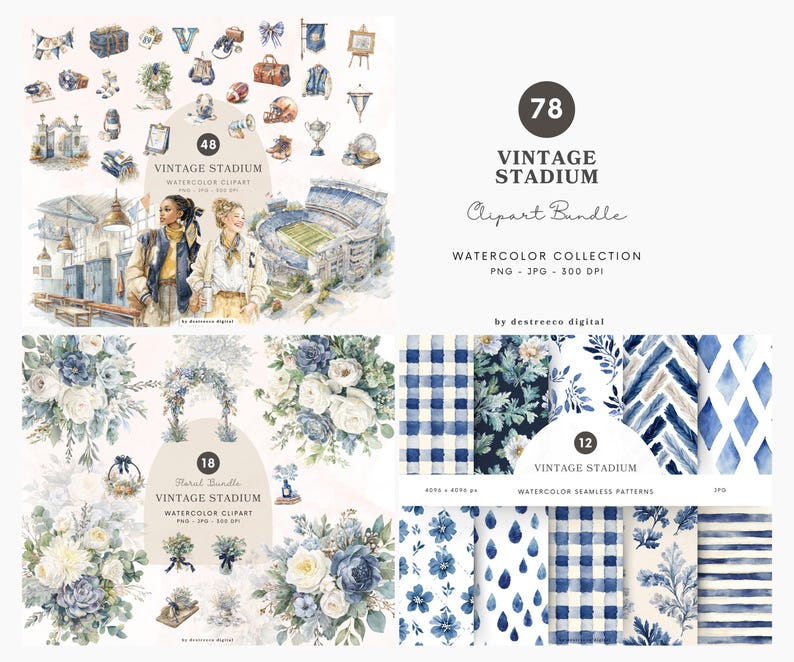 May include: A digital watercolor clipart bundle with a vintage stadium theme. The image includes illustrations of a stadium, floral arrangements, and seamless patterns in shades of blue and white. Text on the image reads "Vintage Stadium Clipart Bundle".