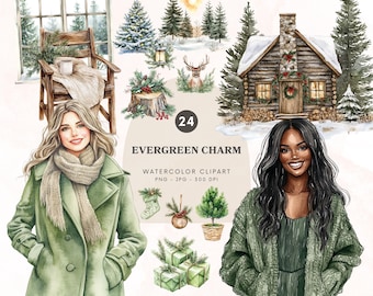 Puede incluir: Conjunto de imágenes prediseñadas de acuarela con temática invernal. Incluye ilustraciones de una cabaña, ciervos, árboles de hoja perenne, mujeres con abrigos verdes y cajas de regalo. Se muestra el texto "Evergreen Charm".