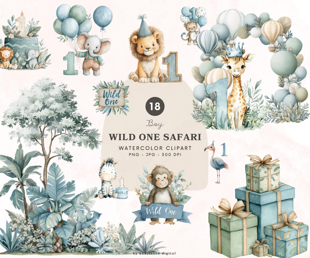 Wild One Boy Safari Animals Clipart, Safari Jungle 1st Birthday Png ...