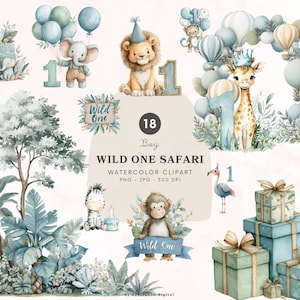 Puede incluir: Conjunto de imágenes prediseñadas de acuarela con temática de safari, con ilustraciones de un león, un elefante, una jirafa, una cebra y un mono. Incluye globos, regalos y el texto "Wild One Safari" y "Boy". La paleta de colores es azul y verde suaves.