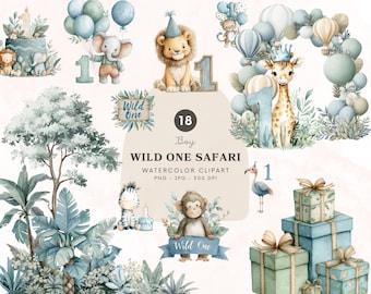 Clipart de animais da savana para menino, imagens PNG para aniversário de 1 ano com tema de selva, leão, girafa e elefante para quarto de bebê, imagens PNG de animais da savana para bebês - 497