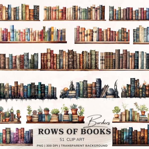 Rows of Books Clipart, Vintage Book Borders Clipart Bundle, Library Graphics, Bookshelf Png, Sublimation Art, Book Lover Digital Stickers