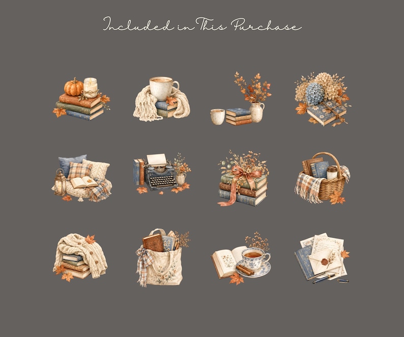K&ouml;nnte beinhalten: Aquarellillustrationen von gem&uuml;tlichen Herbstszenen. Das Bild zeigt B&uuml;cherstapel, K&uuml;rbisse, Kaffeetassen, Decken und Herbstlaub. Eine Schreibmaschine, ein Korb und eine Tragetasche sind ebenfalls abgebildet. Der Text oben lautet "Included in This Purchase."