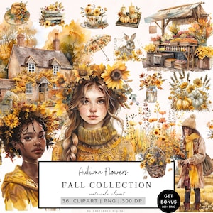 Watercolor Autumn Clipart, Autumn Flowers Png Bundle, Cozy Autumn, Fall Clipart, Cottagecore Png, Pumpkin, Commercial Use, Digital Download