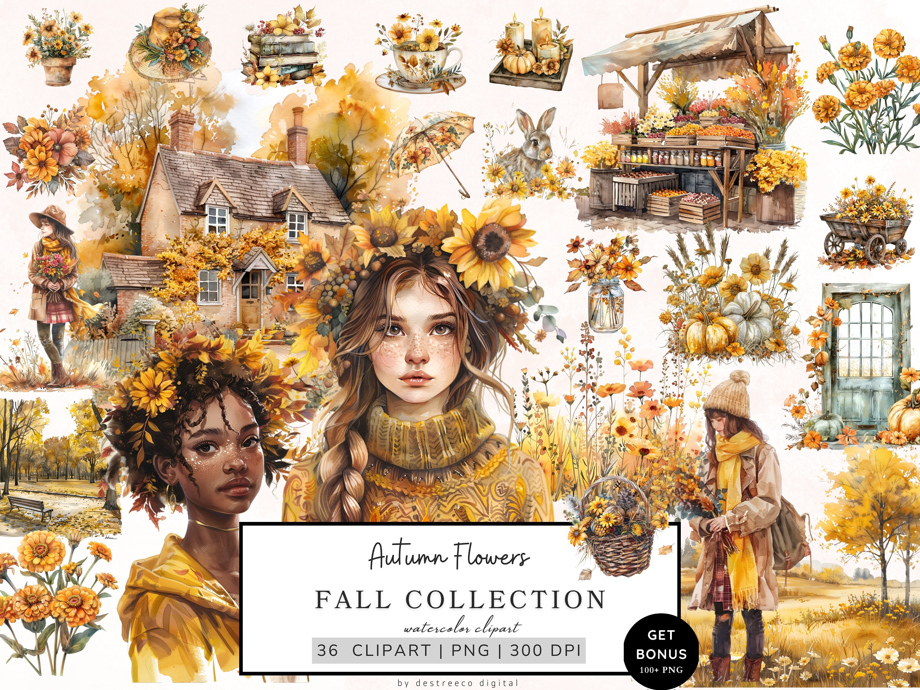 Watercolor Autumn Clipart, Autumn Flowers Png Bundle, Cozy Autumn, Fall Clipart, Cottagecore Png, Pumpkin, Commercial Use, Digital Download