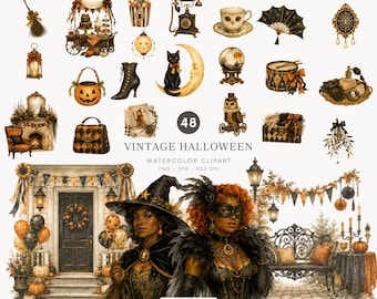 Aquarell-Vintage-Halloween-Cliparts, Retro-Hexe (PNG), Schwarze Katze mit Kürbis (Grafik), Gruselige viktorianische Cliparts – 590