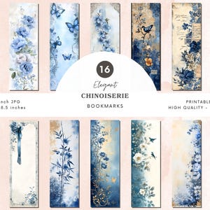 Bladwijzers chinoiserie, aquarel bladwijzerontwerpen, afdrukbare bladwijzers met blauwe bloemen, vintage bladwijzerset, sublimatie bladwijzer, plakboek