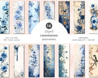 Marcadores de chinoiserie, diseños de marcapáginas de acuarela, marcapáginas imprimibles con motivos florales azules, juego de marcapáginas vintage, marcapáginas de sublimación, álbum de recortes
