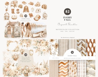 Watercolor Neutral Fall Clipart Collection, Ivory Pumpkin PNG, Boho Cottagecore Graphics, Autumn Digital Download