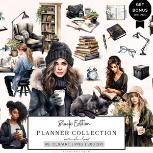Aquarel Planner Girl Clipart, Black Planning Clipart Bundel, Koffiekopje, Journal Esthetische Png, Black Girl Boss Png, Gezellige Planner Clipart