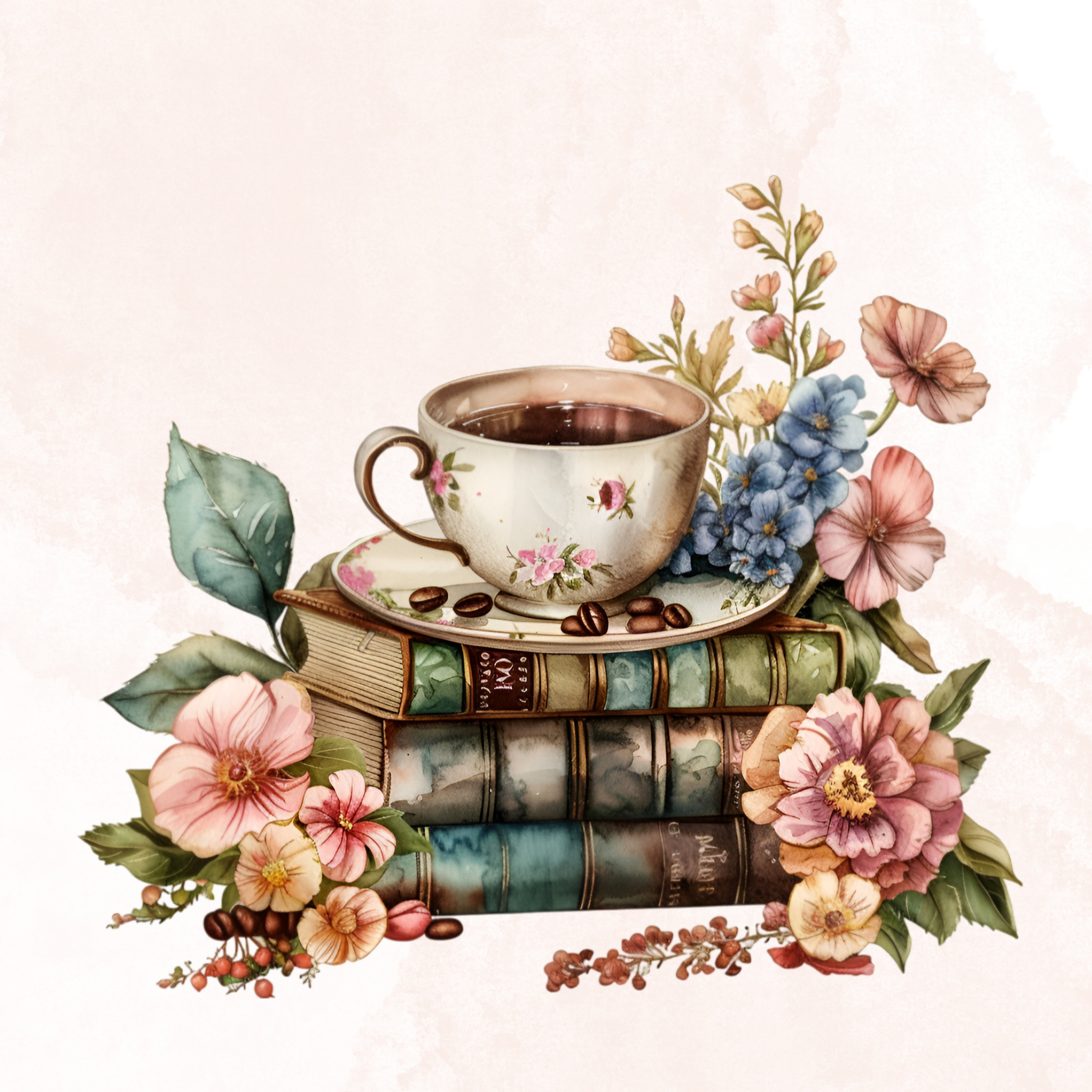アンティーク　ポスター　Tea Coffee Watercolor Coffee and Books Clipart, Floral Coffee Clipart