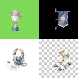 May include: Watercolor illustration featuring a silver trophy with ornate handles and a marble base against a green background. A blue banner with a crest hangs from a pole. Also shown are headphones, papers, and striped socks.