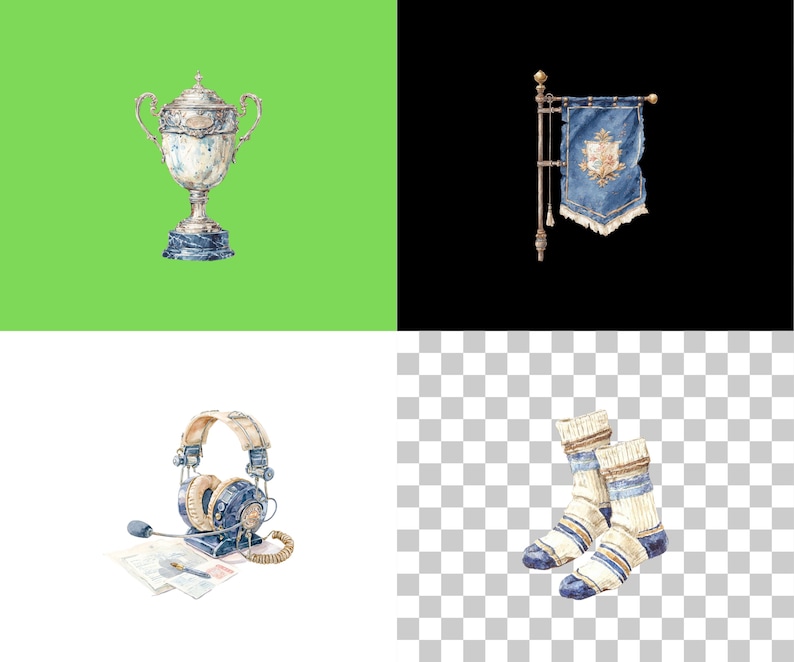 May include: Watercolor illustration featuring a silver trophy with ornate handles and a marble base against a green background. A blue banner with a crest hangs from a pole. Also shown are headphones, papers, and striped socks.
